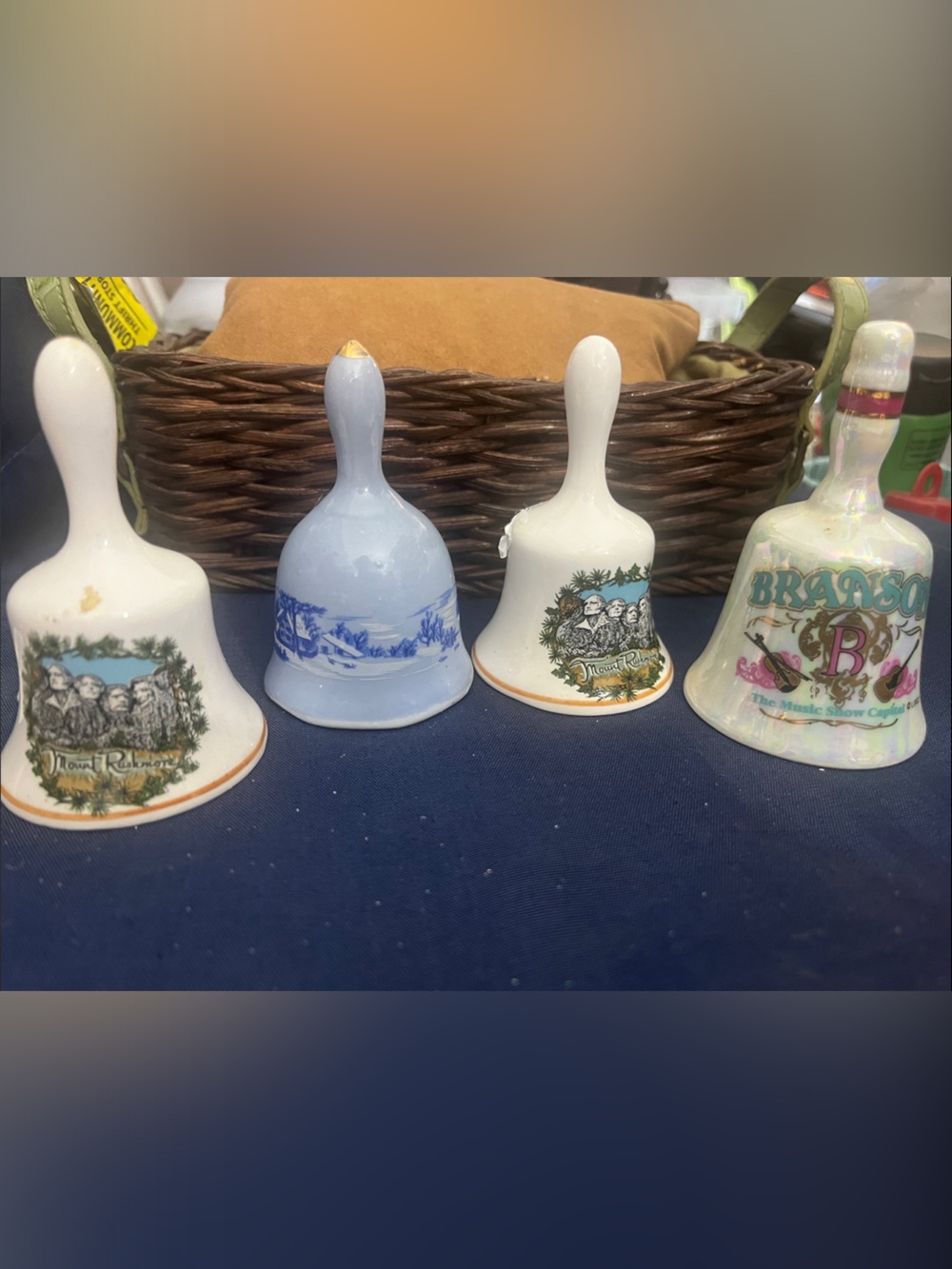 vintage Ceramic Hand Bells Branson, Mt Rushmore and Blue Colored Bell 4pc 391